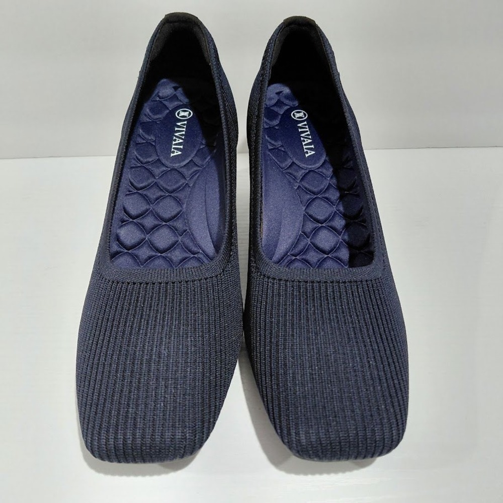 Vivaia Margot Wedge Pro Navy Blue Ribbed Knit Square Toe Pumps Womens Size 39.5 - Picture 6 of 12
